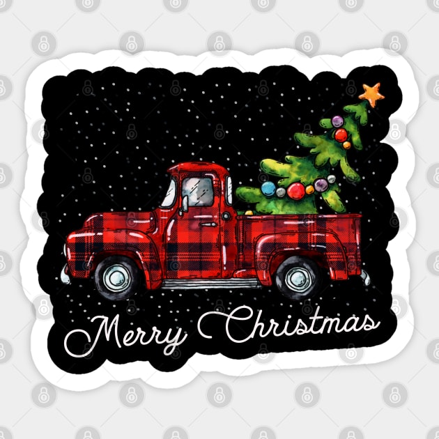 Red Buffalo Plaid Pickup Truck with Tree Merry Christmas Sticker by Dibble Dabble Designs